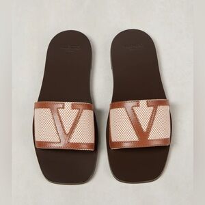 Valentino Garavani Brown Mesh Slide Sandals